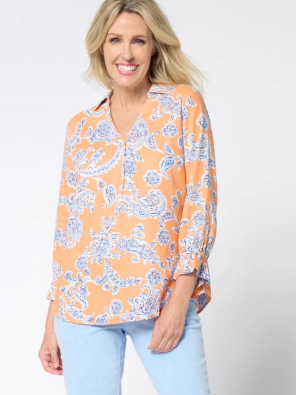 Belle by Kim Gravel Peach Paisley Split-Neck Tunic